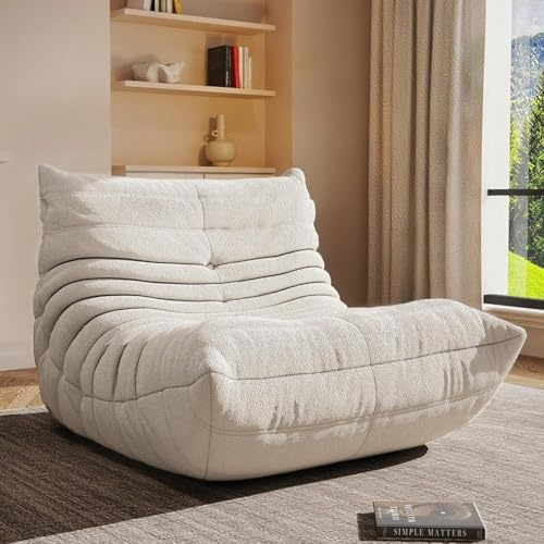 Bean Bag Chair, Cozy Memory Foam Bean Bag Chairs for Adults, Comfy Fireside Accent Chair Lazy Floor Chair for Gaming Bedroom Living Room (White, Single)