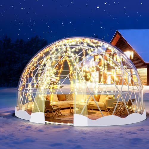 Tenda a cupola da giardino, 12 FT con copertura in PVC trasparente, tenda da giardino a cupola con 2 corde luminose da 10 m, per esterni, patio (bordo bianco, 4,6 m x 4,6 m x 2,9 m)