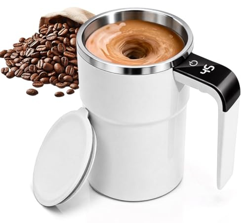 Wapasezyar Självskakande mugg, mugg med temperaturindikator, 304 rostfritt stål, magnetisk elektrisk shaker med handtag för varm choklad, kaffe, mjölk (vit, 380 ml)