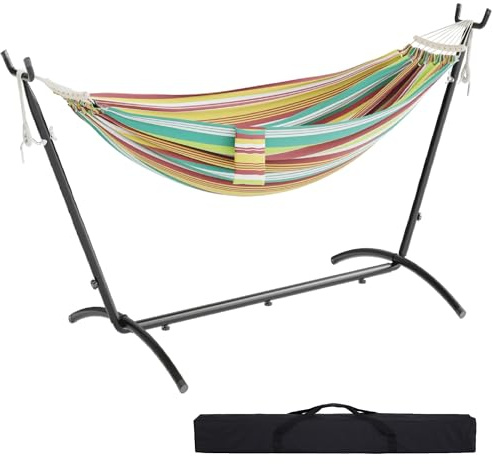 Mondeer Hängematte mit Gestell, Doppel Hängematte Outdoor mit gebogener Holzstange und Tragetasche für 2 Personen, 270 kg Tragfähigkeit, für Indoor Balkon Terrasse Garten (Grün)