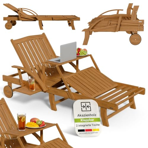 Juskys® Sonnenliege SunScape - Natur, Akazie mit verstellbarem Tisch & Beinablage, Stabil & Langlebig, 196x73x30 cm