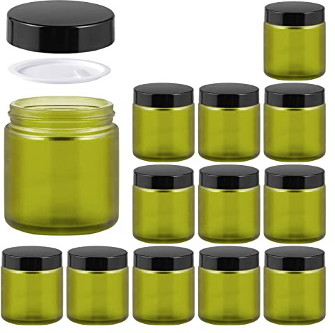 4oz Glass Jars with Lids, HOA Kinh 12 Pack Green Frosted Glass Jars with Lid Empty Cosmetic Containers Round Airtight Glass Jar with Black Lids for Storing Lotions, Powders, and Ointments