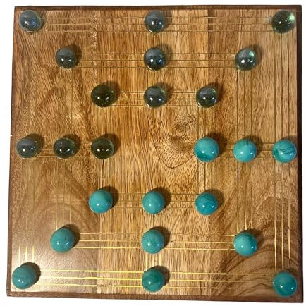 Nine Men's Morris Marble Game with Glass Marbles & Wooden Board | Quirky Strategy Solitaire Game | 20cm x 20cm Mill Game