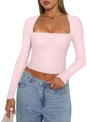 YILEEGOO Women Y2K Long Sleeve Tops Sexy Low Cut Square Neck Basic Tops Blouse Casual Slim Fit Solid Color Crop Top Tight T-Shirt (Pink, S)
