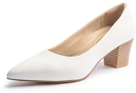 Cusolemore Damen Pumps Kleidschuhe mit niedrigem Blockabsatz Heels für Frauen, Arch Support, Low Chunky Block Closed Toe Heels, Komfortable Pointed Toe Slip on Work Dress Office Schuhe 40 White