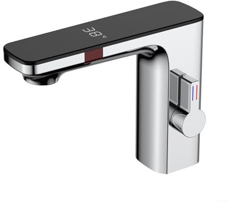 Rubinetto per lavabo da bagno con sensore automatico, senza contatto, con display digitale, sensore a infrarossi intelligente, con display della temperatura (cromato)