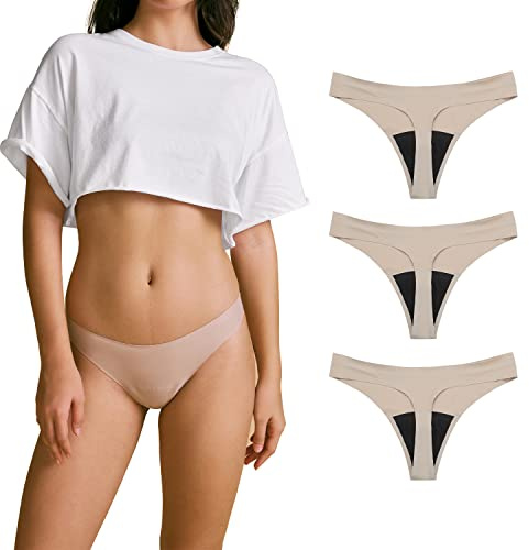 SHARICCA Women Postpartum Period Thongs 4 Layers Leakproof Underwear Panties for Teen Ladies 3 Pack (Beige 3pack, XS)