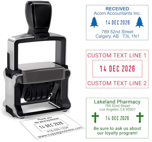 Custom Date Stamp with Personalized Text Logo Customized Self-Inking Rubber Dater Stamper for Received Paid Completed Emailed Posted Scanned Approved Heavy Duty Office Business Stamps, 4 Sizes