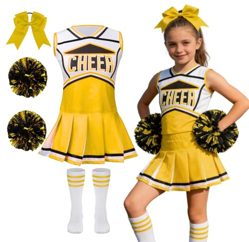 DELIVESS Cheerleader Costum for Girls Cheerleading Outfit Kids School Cheer Uniform 5 Pcs Set for Halloween Party Dress up 4-5 Years (120, Yellow)