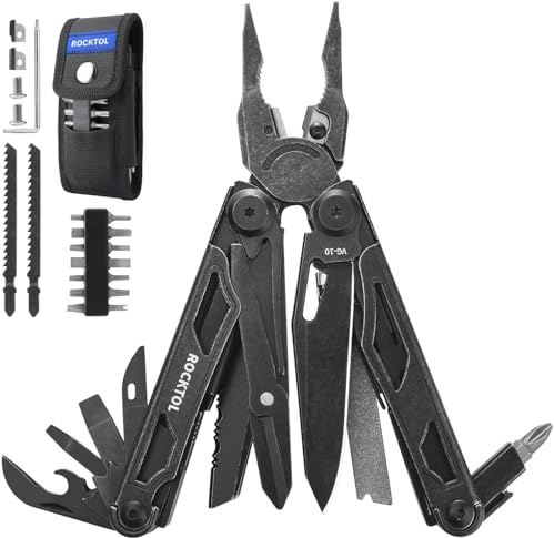 ROCKTOL Outil multifonction VG-10 Blade 29 en 1 avec coupe-fil remplaçables et scie, kit d'outils multifonctions en acier inoxydable robuste et gaine en nylon pour le camping et la survie pour homme