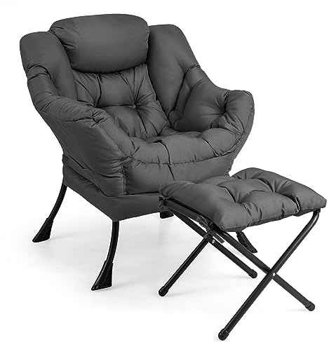 COSTWAY Armchair Accent Chair, Fabric Upholstered Lounge Armchair Leisure Reading Chair with Side Pocket, Metal Frame Comfy Seat Lazy Sofa Chairs for Living Room Bedroom (with Footstool, Dark Grey)