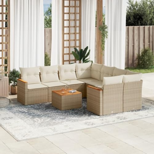 RMIHSJG Ensemble de canapé de jardin de 9 pièces avec coussins beige en polyrotin - Design modulaire pour terrasse et cour - Rotin synthétique durable avec cadre en acier stable - Groupe de sièges