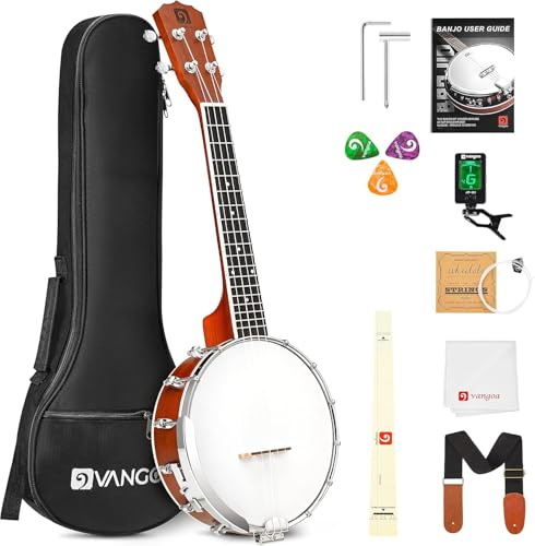 Vangoa Banjolele Concert Banjo Ukulele 4 String 23 Inch Travel Banjo Portable Kit for Beginners with Extra Strings Strap Pick-up Picks Tuner and Carry Case