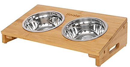 lionto erhöhter Hundenapf aus Bambus, 35x20x10 cm, doppelter Futternapf für Hunde & Katzen, 2 spülmaschinenfeste Edelstahlnäpfe Ø 14 cm, Fassungsvermögen pro Napf 250 ml, rutschfest & gelenkschonend