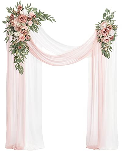 Ling's moment Pink Artificial Wedding Arch Flowers Kit Pack of 4, 2pcs Hanging Flower Arrangement 2pcs Chiffon Drapes Ceremony Reception Spring Silk Rose Arbor Backdrop Floral Garden Outdoor Decor