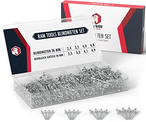 RAM TOOLS® Set di rivetti ciechi | 400 pezzi | universale adatto per rivetti | set di rivetti professionali | rivetti pop, 4 misure per pinza rivettatrice