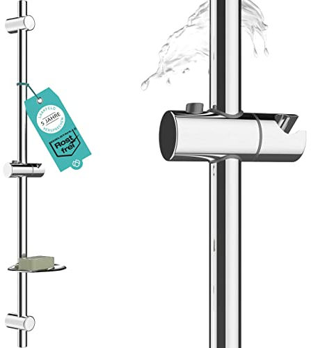 Duschstange 90cm rostfrei mit Seifenhalter - Brausestange 90 cm variable Bohrlöcher dank flexibler Wandhalterungen - universal Dusch Stange lang mit top Slider - Wandstange Dusche variabel