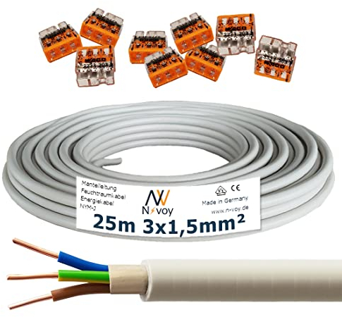 NYM-J 3x1,5 mm² 25m Mantelleitung Installationskabel mit 9 Stück WAGO Klemmen M122 …
