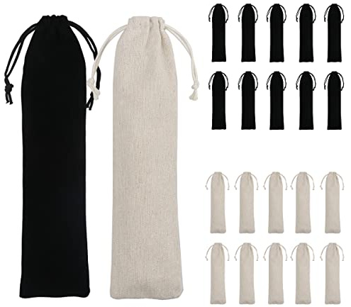 FERCAISH 20 Pcs Portable Travel Cotton and Linen Pouch Bag, Drawstring Straw Storage Bag - Safety and Reusable Storage Box Case for Fork Spoon Straw Cutlery Kit