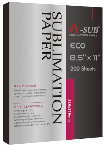 A-SUB Sublimation Paper 8.5x11 Inch-200 Sheets Heat Transfer Paper for Light Colored Fabric and Other Blanks, Works with Inkjet Printer and Sublimation Ink 125g