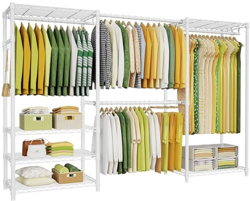 Ulif E1 Heavy Duty Closet Garment Rack, 6 Tiers Adjustable Metal Freestanding Expandable Clothing Storage with 4 Hanger Rods, Easy to Assemble Wardrobe, 71.4 H x (70 - 88.2) L x 14 D, White