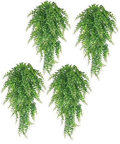4 Pack Artificial Hanging Fern Plants, Artificial Trailing Plants, Fake Leaves Wall Decoration for Indoor Outdoor, Wedding Balcony Courtyard Basket Hanging Rattan Decoration