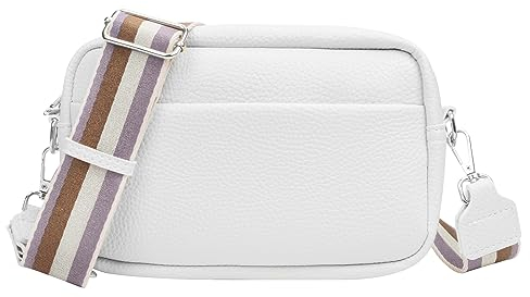 Tibimon Crossbody Bag Damen Breiter Gurt, Leder Moderne Taschen mit Breitem Schultergurt handtasche damen Kleine Umhängetasche mit Reißverschluss und Abnehmbar Schultergurt (Weiß)