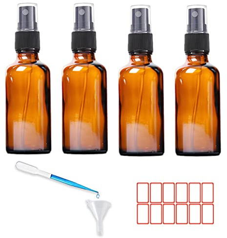 ToKinCen 4 X 50ML Amber Glass Spray Bottles, Empty Fine Mist Spray Bottle Refillable Reusable Travel Spray Bottles for Perfume, Cosmetic Sprays, Cleaning