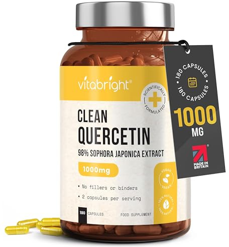VitaBright Quercetin Supplement 1000mg | 180 Capsules | 2 Daily | 500mg Per Capsule | Quercetin Powder Bio Flavonoids Supplements | Vegan | No Additives | Made in Britain