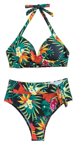 WDIRARA Women's 2 Piece Tropical Print Halter Swimwear Set Wrap Front Criss Cross High Waist Knot Front Bikini Sets Multicolor Medium