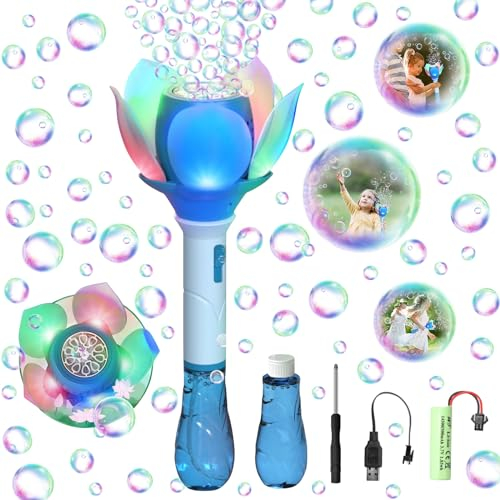 Seifenblasenmaschine, Elektrische Lotusblasenmaschine für Kinder, Elektrischer Seifenblasenstab mit Seifenblasenlösung, Seifenblasenstab 10000+ Seifenblasen/Minute, für Outdoor/Party/Hochzeit (Blau)