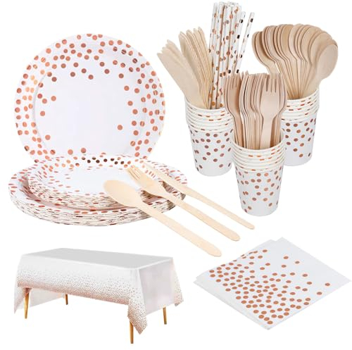 MEYDLL 161 Stück Partygeschirr Set, Pappteller Kindergeburtstag in Roségoldfarben, Pappteller Geburtstag, Partygeschirr, Teller, Tischdecke, Becher, Servietten zum Geburtstag, Hochzeiten, Jubiläums