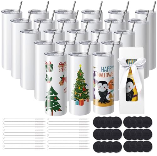 VEVOR 24 Pack Straight Sublimation Tumblers, 20 oz Blank Tumbler Bulk, Stainless Steel Double Wall Tumbler Cups with Straw, Lid, Brush, Base, Shrink Wrap, Gift Box, for Heat Press and Heat Transfer