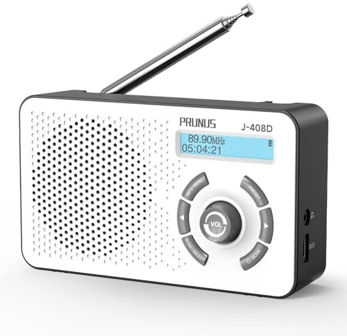 PRUNUS J-408 UKW DAB Radio mit Bluetooth 5.3, DAB Plus Radio Batteriebetrieben oder 2000mAh Akkubetrieb, Digital Radio mit 40-FM & 40-DAB Voreinstellungen, Kopfhörerbuchse/Dual Alarm/Sleep-Timer.