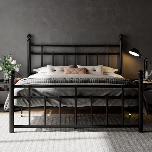 Feonase Queen Metal Platform Bed Frame with Victorian Classic Iron-Art Headboard & Footboard, Steel Slats Support, 12 Under Bed Storage, No Box Spring Needed, Noise-Free, Black