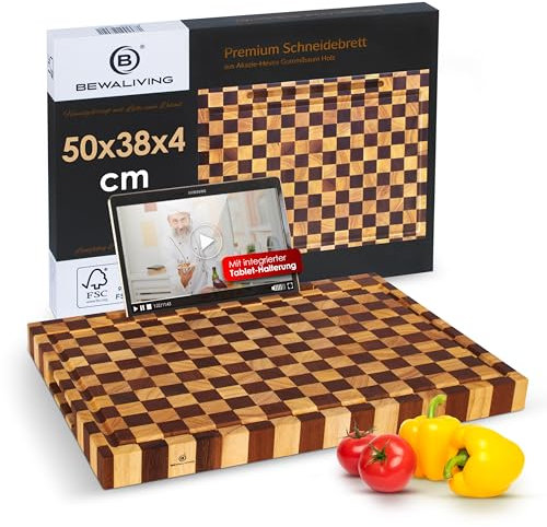 BEWALIVING Tagliere di alta qualità, in legno di acacia e Hevea, 50 x 38 x 4 cm, con scanalature e manici profondi
