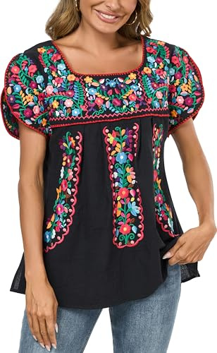 Mexican Shirts for Women Embroidered Tops Traditional Peasant Summer Tunic Blouse (XL, E522BK) B-Black