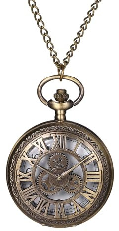 JewelryWe Zahnrad Taschenuhr Herren mit Kette: Vintage Zahnrad Römische Ziffern Design Analog Quarz Kettenuhr Bronze Steampunk Uhr Anhänger Halskette Geschenk für Männer Frau