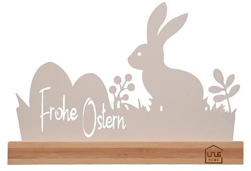 UNUS Osterdekoration Hase mit Frohe Ostern Schriftzug, Dekoaufsteller aus Metall und Bambus, Frühlingsdeko für Fensterbank, Tisch & Sideboard, Stilvolle Osterdeko in Weiß