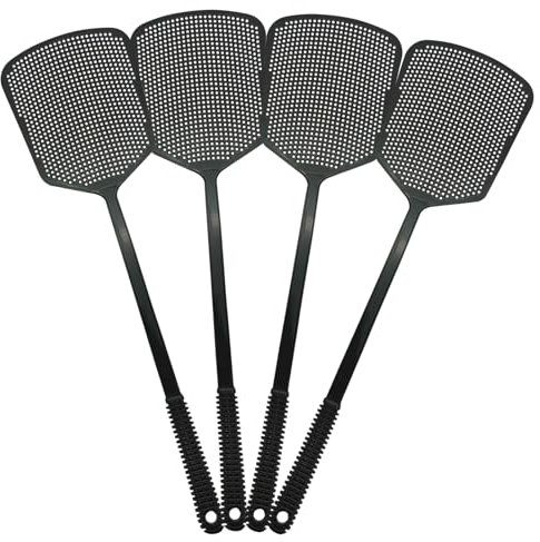 4 Pièces Tapettes à Mouches en Plastique Robuste avec Long Manche, Antiparasitaire Manuelle Durable Tapette à Guêpes pour Intérieur et Extérieur - Noir