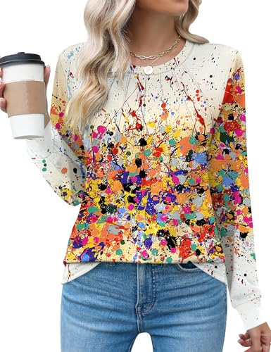 Rapbin Womans Casual Round Neck Tunic Tops for Leggings Summer Long Sleeve Tshirts Dressy Blouses