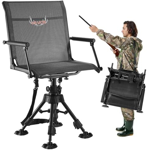 VEVOR Silla de Caza Giratoria Silenciosa 360°, Plegable y Portátil, con Estructura de Acero, Asiento Tipo Taburete con Reposabrazos, Patas Antihundimiento, Altura Ajustable, para Pesca y Camping