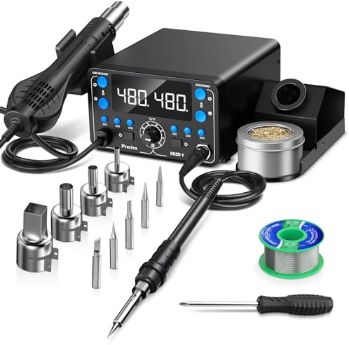 Preciva Stazione Saldante ad Aria Calda 2 in 1 750W Display Digitale Stazione di Saldatura Rework SMD Saldatore Stagno Professionale 100-480°C Temperatura Regolabile con Kit di Saldatura