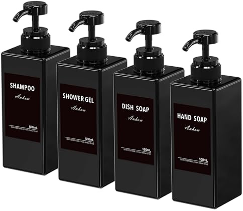 4 Piezas Dispensador Jabon Baño Pared 500ml, Refillable Bottle Dispenser, Dispenser Gel and Shampoo Shower Lotion Container with 16 Waterproof Labels, for Bathroom, Travel, Hotels - Negro
