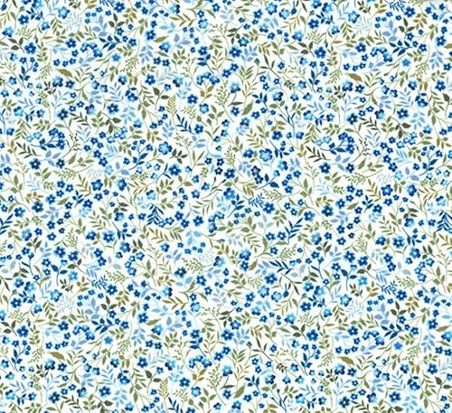 Pyrhan Floral Poly-Cotton Fabric by the Metre – 45 Inch Wide Dressmaking Fabric, Cotton Material for Quilting, Sewing, Patchwork, Floral Prints. (45-Delicate-WhiteBlue)