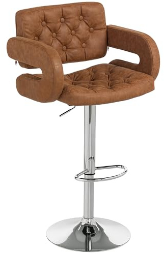 HOMCOM Swivel Bar Stool with Wide Seat, Arm, Adjustable Height Brown | PU Leather Upholstered, Comfy Seating, Breakfast Bar Chair, Barstool, Footrest, Backrest, Bistro, Kitchen