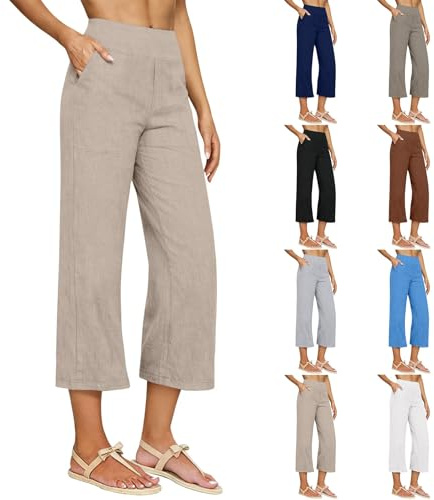 Pantaloni Lino Donna 3/4 Estivi Pantaloni Capri Larghi Leggeri Pantalone Cropped Casual Tinta Unita Elastico in Vita con Tasche Pinocchietti Eleganti Curvy Vita Alta per Spiaggia Vacanze Ufficio 2026