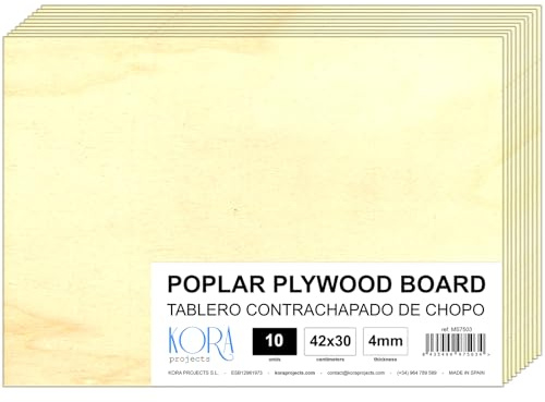 10 Tableros de madera de chopo contrachapado de 4 mm. (30 x 42 cm - A3)