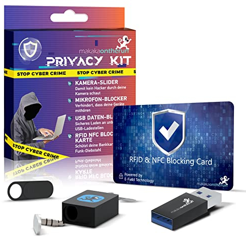 MakakaOnTheRun RFID Blocker Karte im Privacy Kit: Schutzkarte für Geldbörse RFID Schutz + Kamera Abdeckung Laptop Webcam Cover + USB Daten Blocker + 3,5mm Mikrofon Blocker