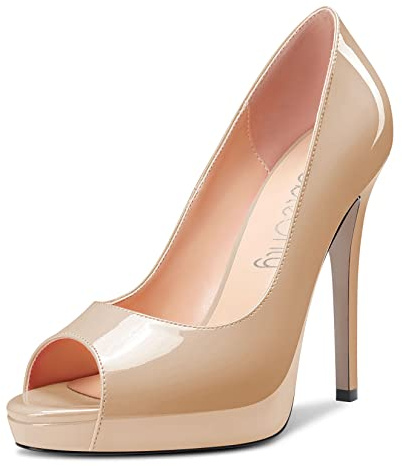 NobleOnly Femmes Haut High Talon Heel Plate-Forme Ouvert Bout Escarpins Slip-on Clear Cute Party Sandales 12 CM Heels Beige 40 EU